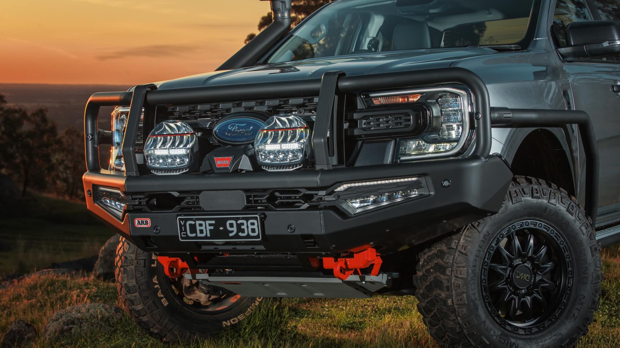 ARB Intensity IQ Driving Lights on Grey Ford Ranger, mounted on Summit MKII bull bar