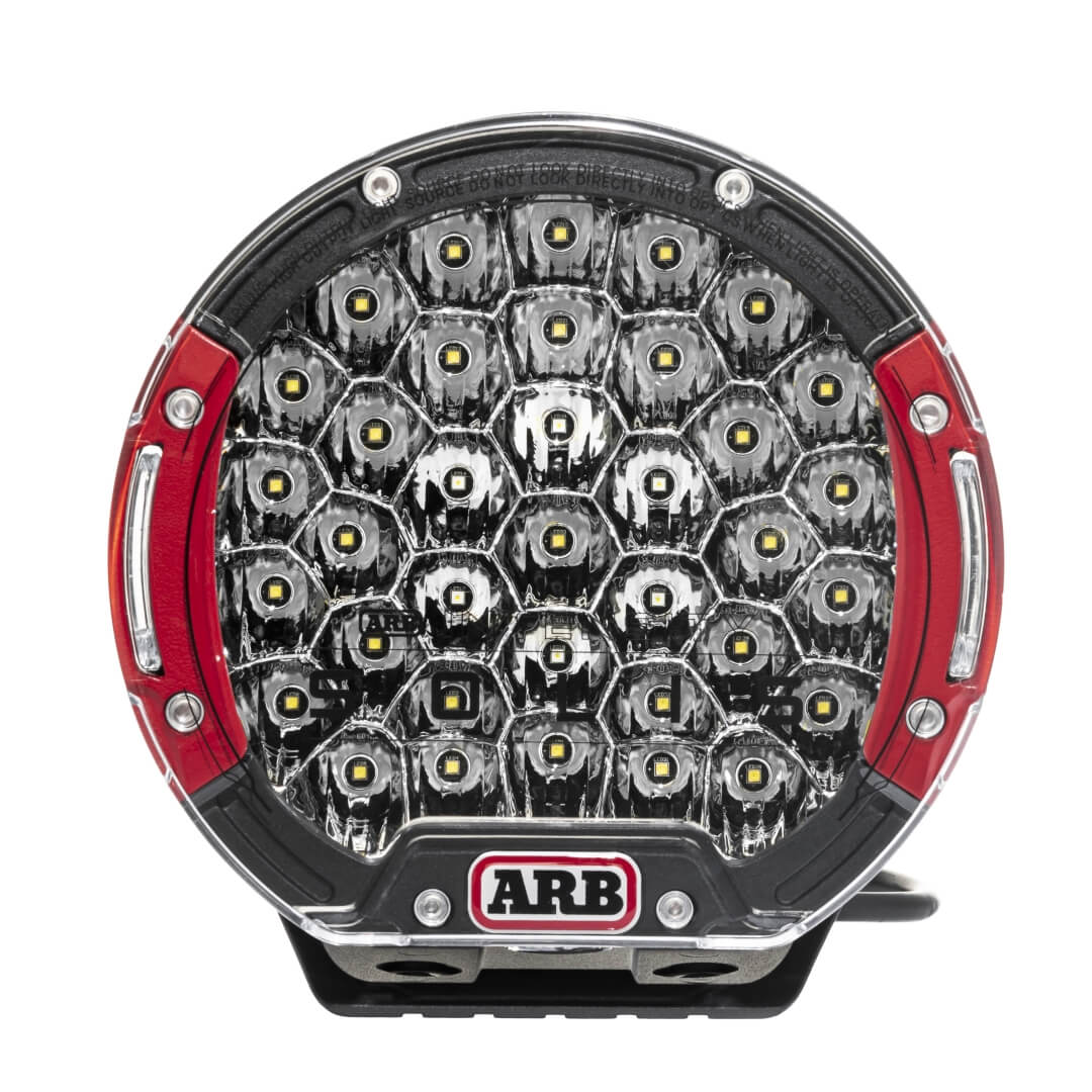 ARB Solis 36 Flood Driving light showing red bezels front on image