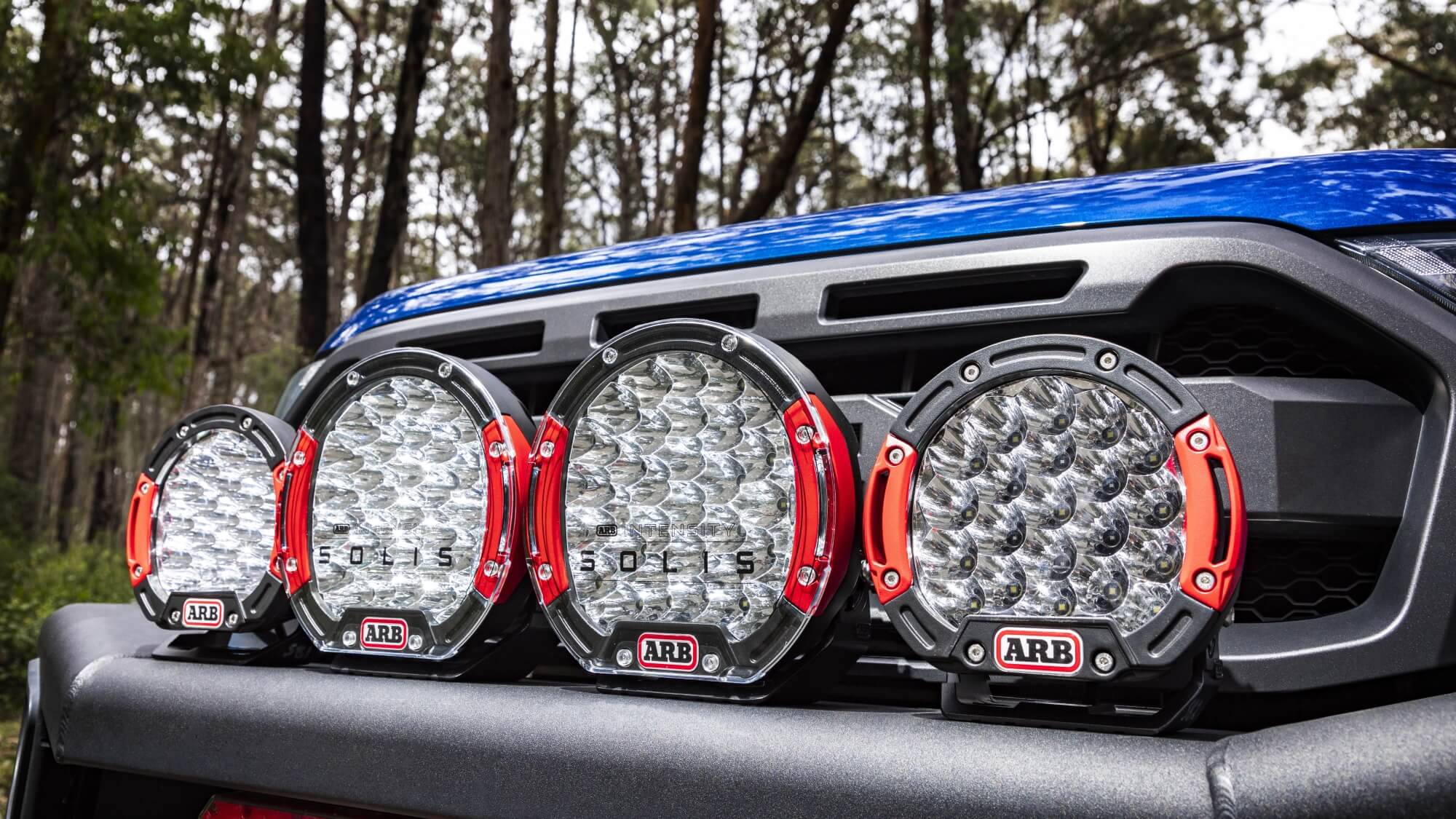 Solis combination set up showing the Solis 21 flood and spot driving lights, and Solis 36 flood and spot driving lights mounted on a black bull bar